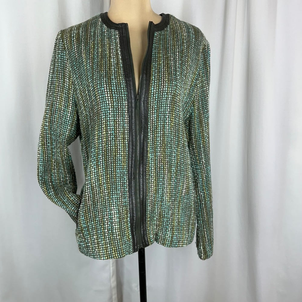 Sigrid Olsen Sport Tweed Jacket Size L Leather Trim Wool Blend Zip Front READ